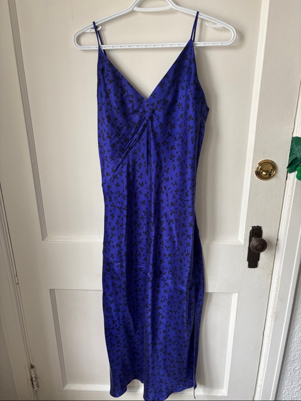 100% Silk Cobalt Blue Slip Midi Dress with Black Floral Print
